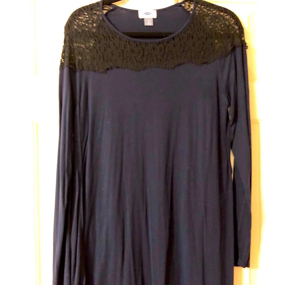 New long sleeve casual shirt top w/ lace trim navy black